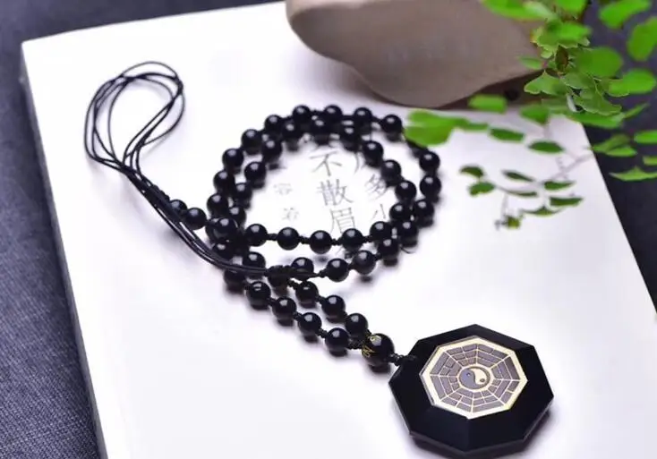 Натуральный обсидиан Золотое Тиснение Багуа кулон для мужчин и женщин ожерелье