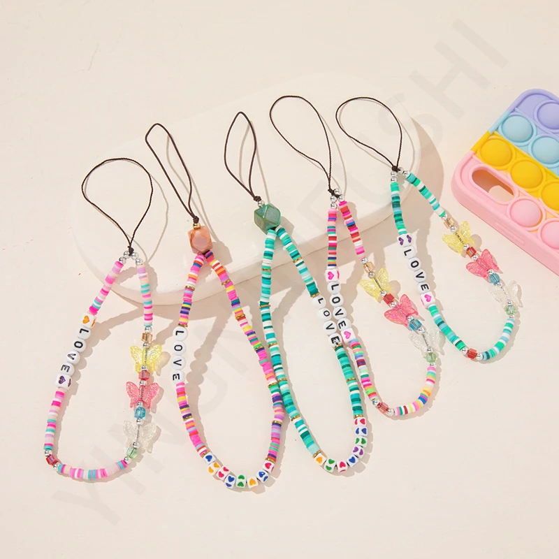 Rainbow Soft Pottery Acrylic Mobile Phone Lanyard Short Anti-lost Ladies Mobile Phone Chain Key Lanyard