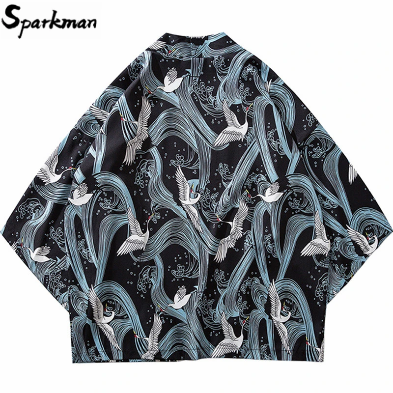 Мужское кимоно с принтом журавль тонкая Повседневная Уличная куртка в японском