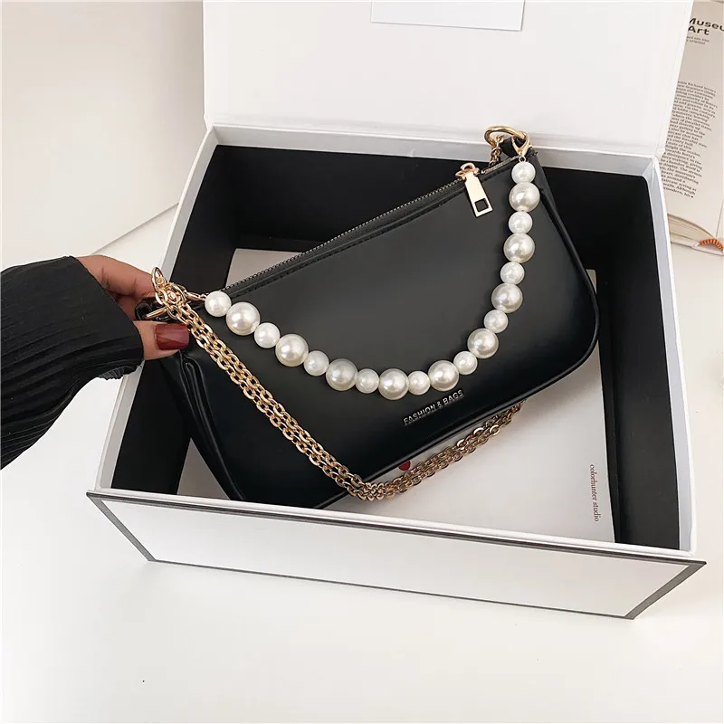 

Baguette Shape Women Shoulder Bag Brand Armpit Bags Designer Luxury Pearl Handbag PU Leather Crossbody Bag Female Clutch Purses