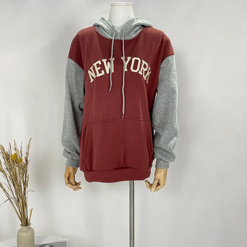 

2021 Fall/Winter Collection Women Clothing Sweatershirt Letter Embroidery Color Block Kangaroo Pocket Drawstring Hoodie