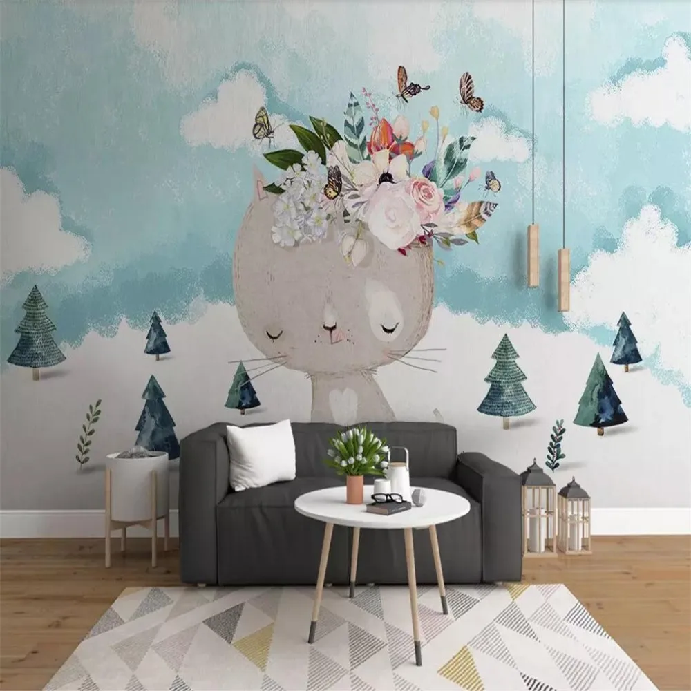 Custom large 3d photo wallpaper Nordic modern cartoon kitten flower children's room background wall decoration cloth | Обустройство