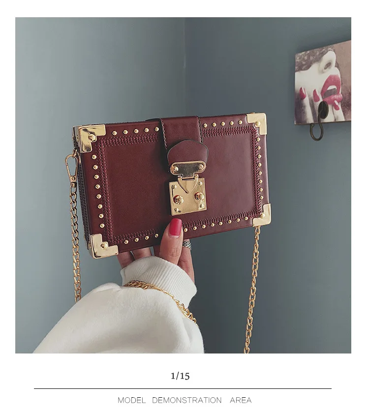 Fashion Vintage Rivet Designer Bag Box Style Buckle PU Women Clutch Bag Chain Purse Shoulder Bag Crossbody Small Flap Handbag