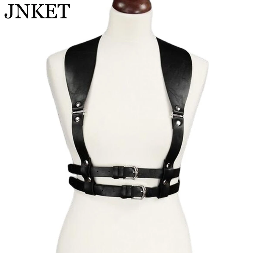 JNKET Fashion Punk PU Leather Waistband Double Shoulder Straps Belt Gothic Waist Strap Adjustable Buckle Belt