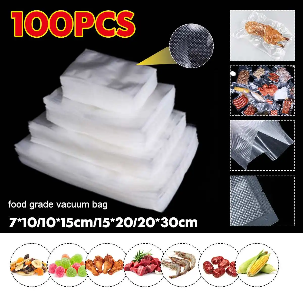 

100PCS Vacuum Sealer Plastic Storage Bag For Vacuum Sealing Machine For Pack Food Packaging Rolls Packer Seal Bags