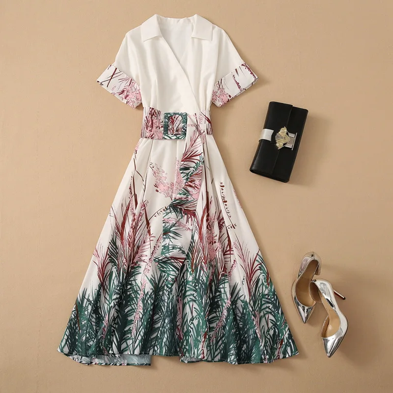 

New 2021 Summer Style Dress High Quality Women V-Neck Chic Prints Wide Belt Deco Short Sleeve Mid-Calf Length Large Swing Dress