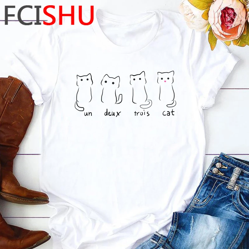 Kawaii Cat аниме Harajuku футболка для женщин Ullzang забавными кошками футболки с героями