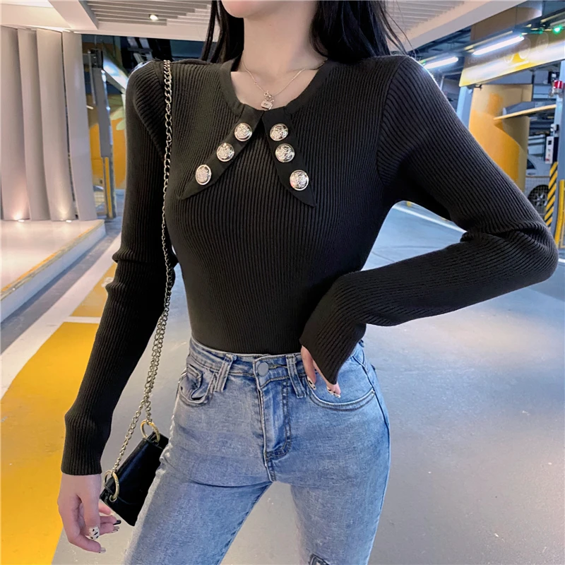 

Sweater Bottoming Shirt Women's New Fashion In Fall Winter 2020 Metal Button Crew Neck With Tight Knit Top