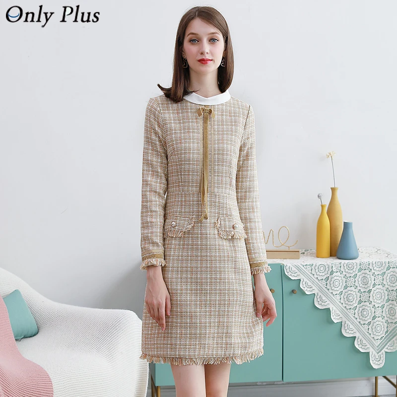 Только плюс зимняя твидовая хаки платье в винтажном стиле для девочек Шерстяное