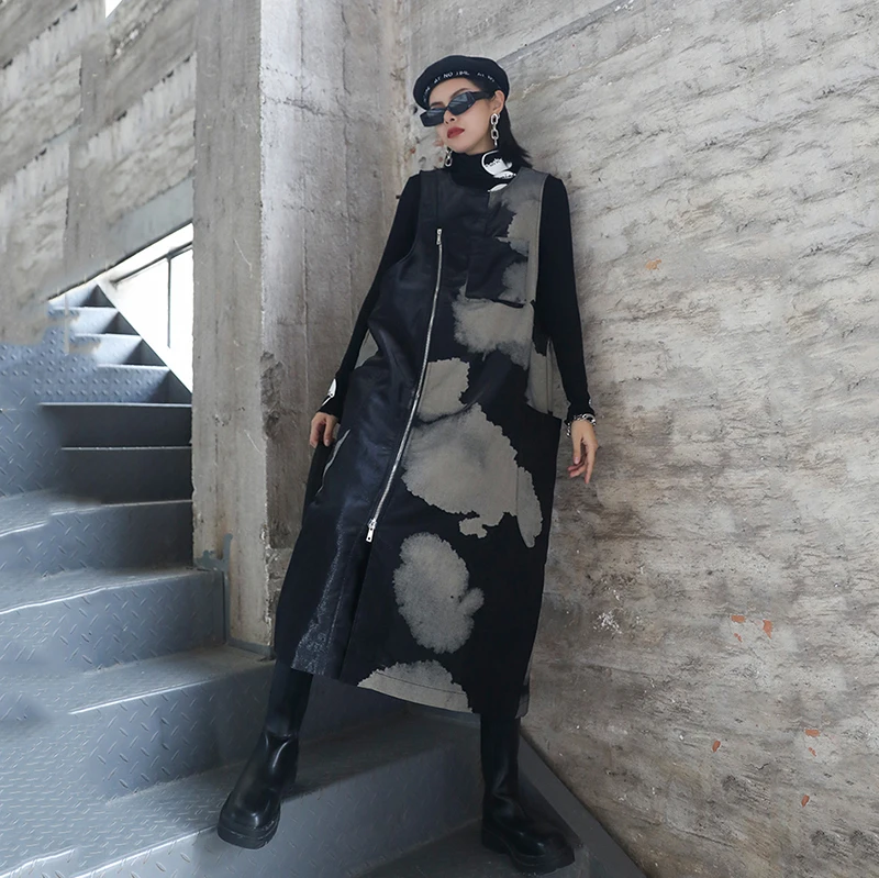 

Women Black Pattern Printed Long Temperament Dress New Round Neck Sleeveless Loose Fit Fashion Spring Autumn 2021 1da260