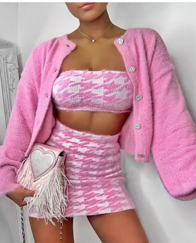 Осенний однобортный пуговицы в стиле ретро ворсистый розовый кардиган Корейская