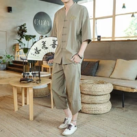 chinese style short sleeved embroidery mens hanfu jacket 2021 loose cotton and linen suit cardigan tang suit