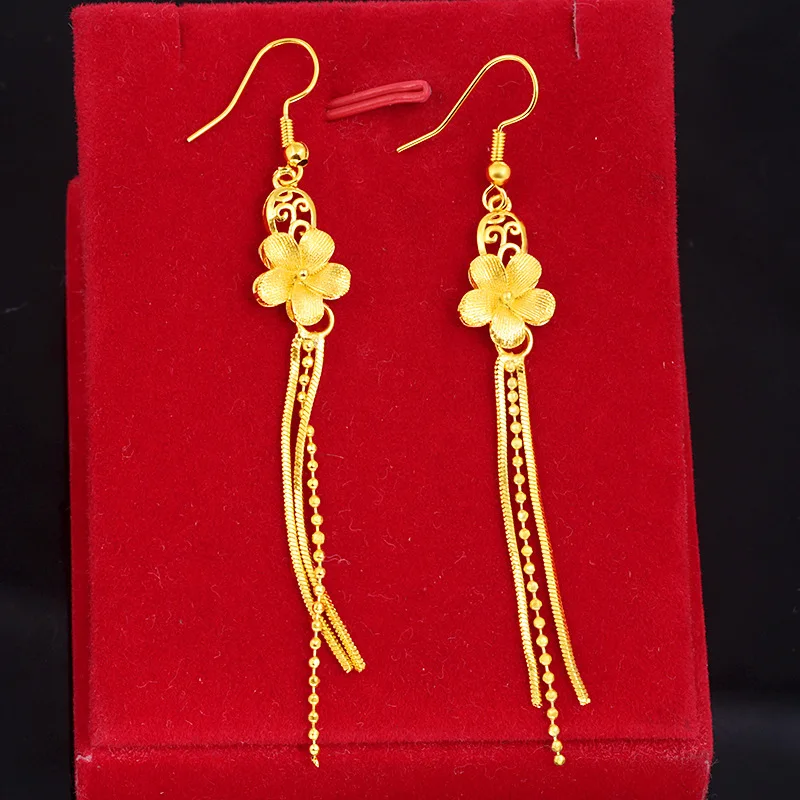 Real 18K Yellow Gold Tassels Flower Drop Earring for Women Romantic Wedding Jewelry Luxury Gift