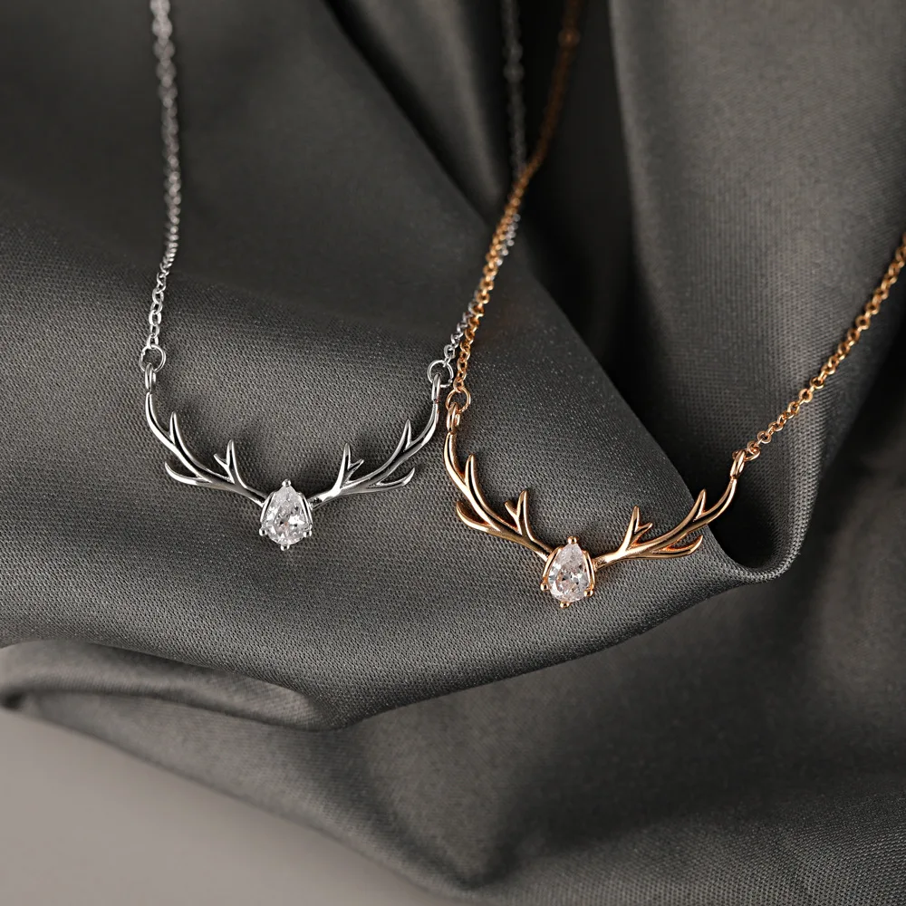 

Classic Trend Elk Antler Pendant Fashion Charm Lady Inlay Zircon Rose Gold Silver Color Necklace Elegant Girl Birthday Gift