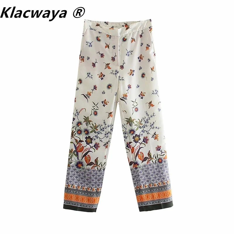 

Klacwaya Women 2021 Fashion Side Pockets Floral Print Pants Vintage High Elastic Waist Zipper Chic Female Ankle Trousers Mujer