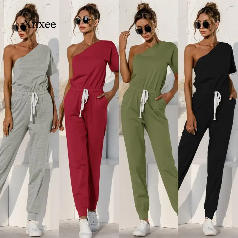 

2021 Summer Women's Short-Sleeved Diagonal Shoulder Lace Pockets Off-The-Shoulder Fashion Casual Jumpsuit Casual Solid Color Lad