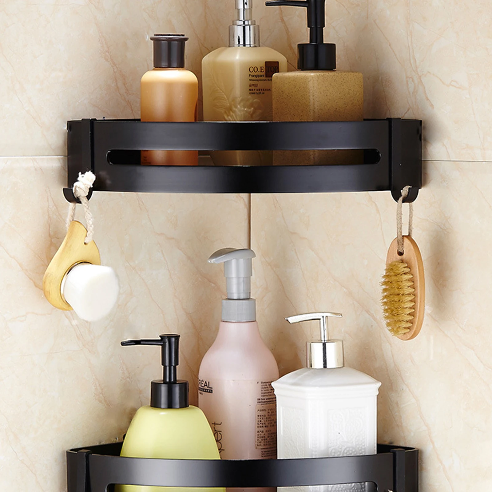 

Wall Mount Storage Rack Aluminum No-Punching Bath Corner Organizer Rack with Hooks