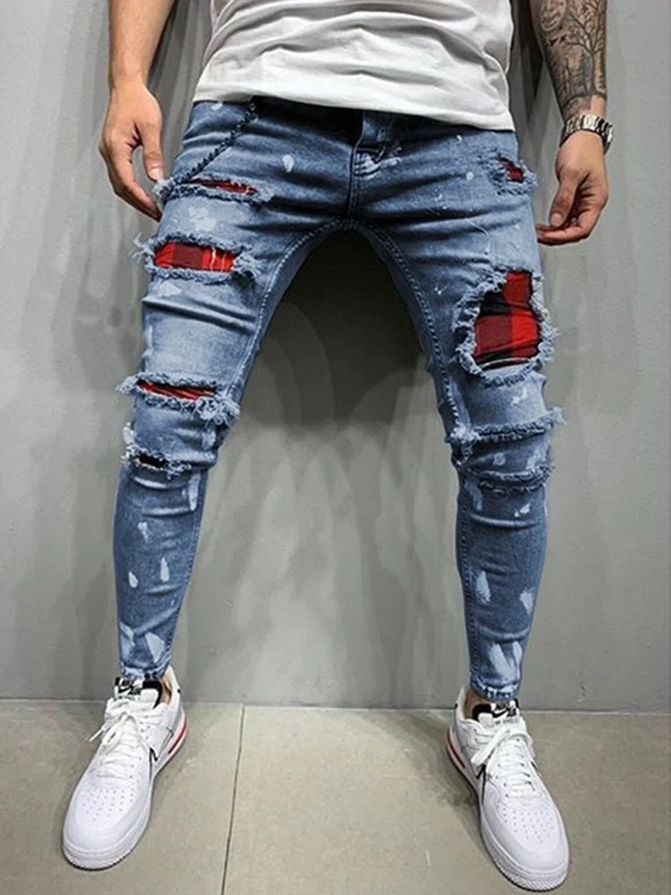 

Мужские облегающие джинсы с рисунком, байкерские рваные Стрейчевые джинсовые брюки в клетку, состаренные брюки для бега в стиле хип-хоп, 2021