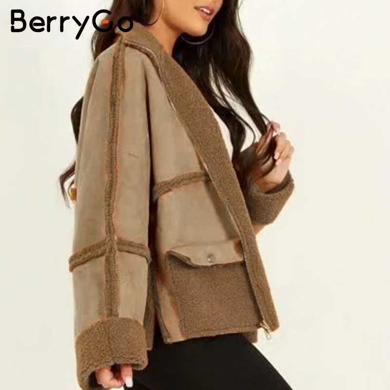 BerryGo овечья шерсть замша двухстороннее пальто женские повседневные молнии
