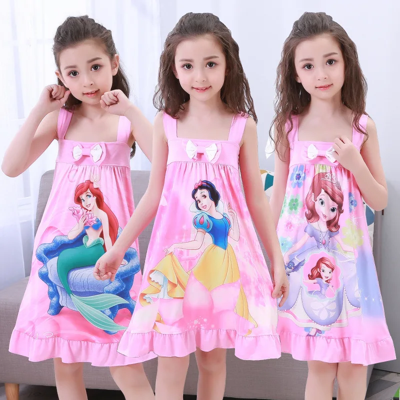 Disney Kids Princess Dress Frozen Elsa Anna Girl Nightdress Clothes Summer Cartoon Nightgown Girl Clothing Short Sleeved Dress