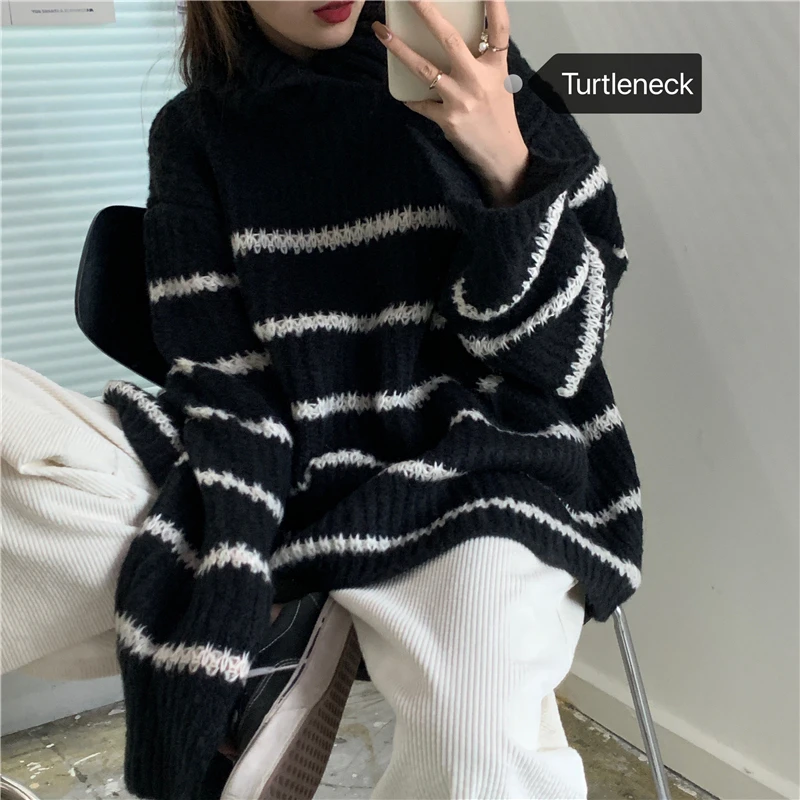 

2 Color New Spring Harajuku Casual Women Sweater Thickening Warm Turtleneck Pullover Female Classic Stripe Jumper Mujer