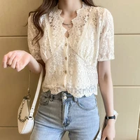 women v neck lace blouses shirts female short puff sleeve hollow out solid elasticity tops blouses two piece suit send sling