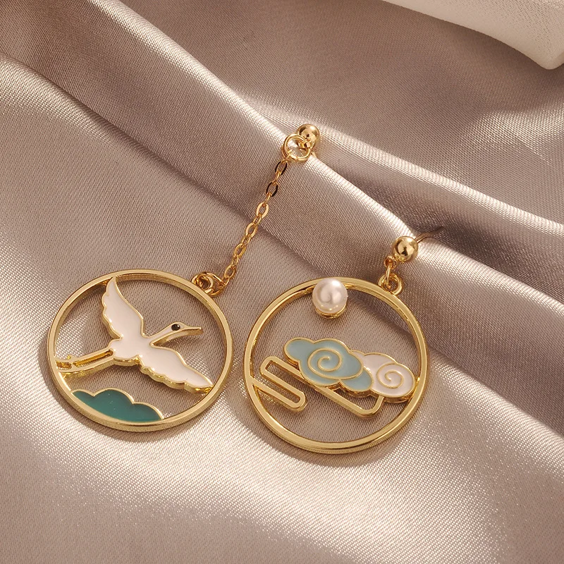 Женские серьги в стиле ретро с журавлем Модные металлические Асимметричные