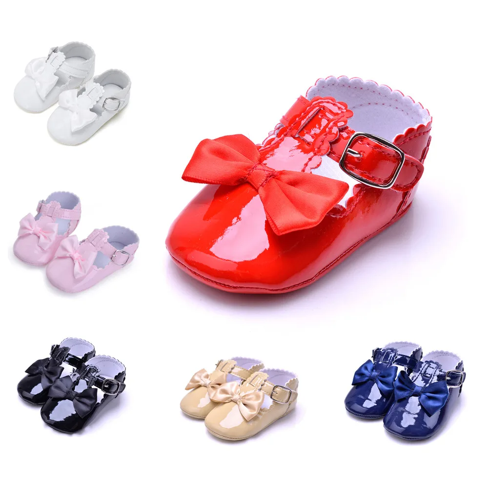 Туфли для новорожденных девочек мягкая подошва из искусственной кожи с бантом