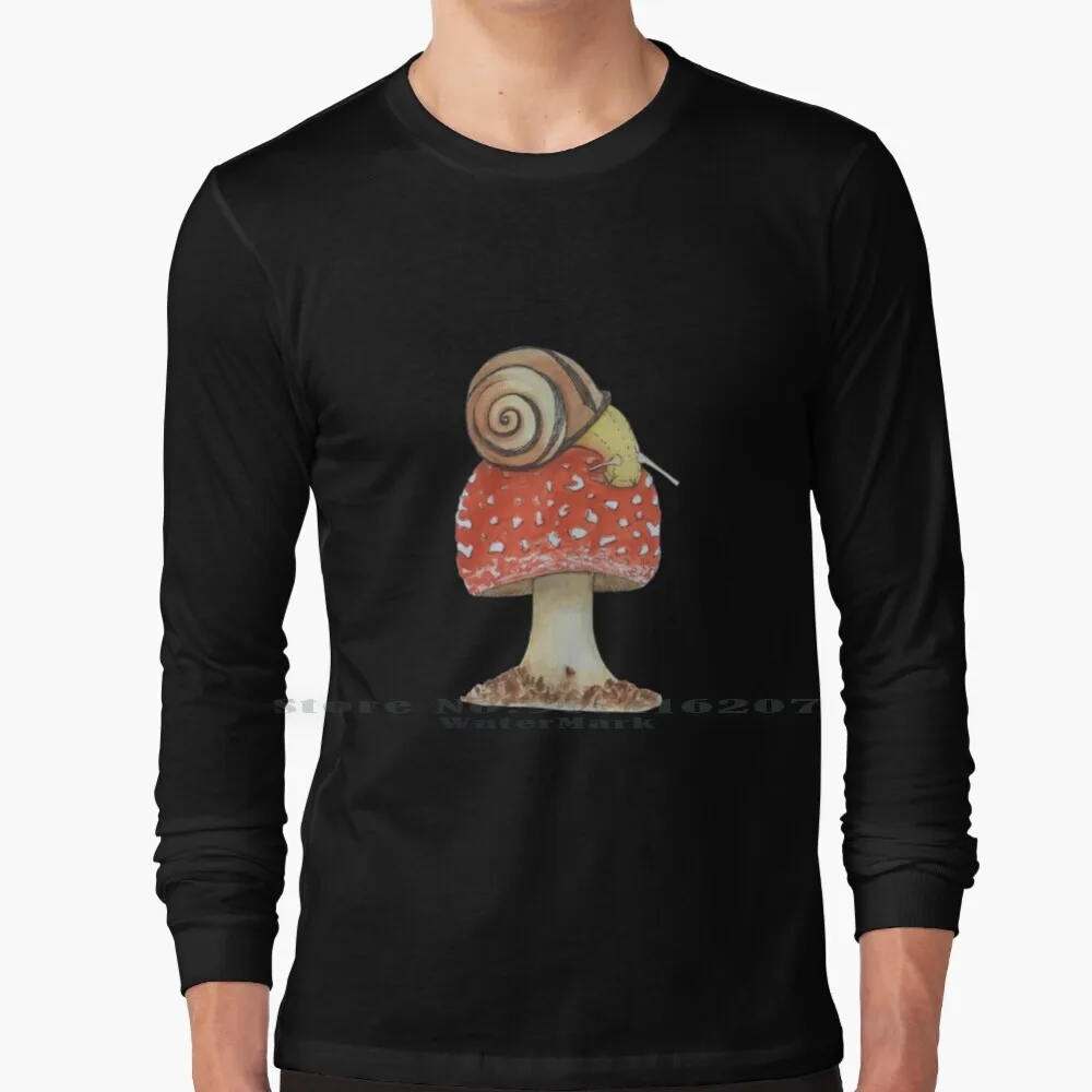 

Snail And Mushroom Pattern On Black Background. T Shirt 100% Pure Cotton Snail Animal Nature Botany Mushroom University