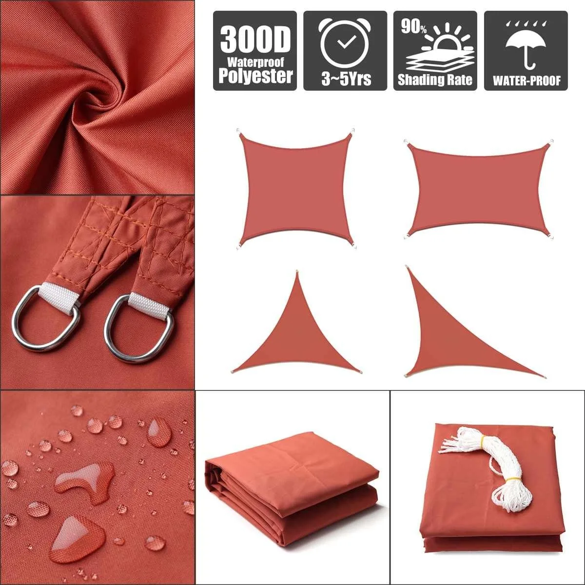 

Rust Red Rectangle Square 300D 160GSM Polyester Oxford Fabric Shade Sail Sun Outdoor Garden Rodless Tent