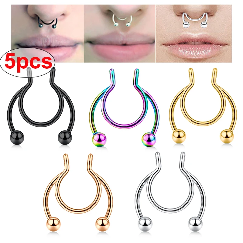 

Punk Stainless Steel Nose Ring Clip Lip Ring Earrings Spiral Hook Artificial Septum Body Piercing Jewelry Nose Rings 1-5pcs