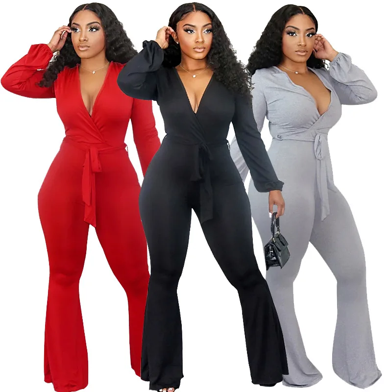 

European and American Autumn and Winter New Women's Tight-fitting Straps Long-sleeved Sexy Low-cut Flared Trousers Jumpsuit4XL