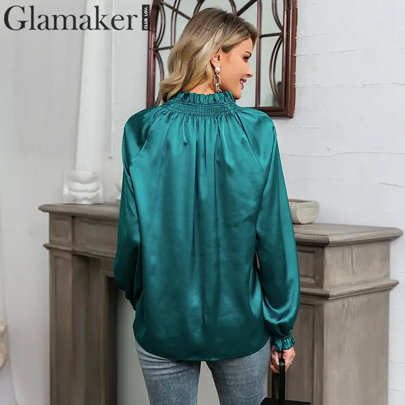 Glamaker, атласная, с длинным рукавом, сексуальная женская блузка, рубашка, v-образный вырез, для офиса, леди, Элегантная блузка, женская, осенняя, модная, шикарная блузка, топы