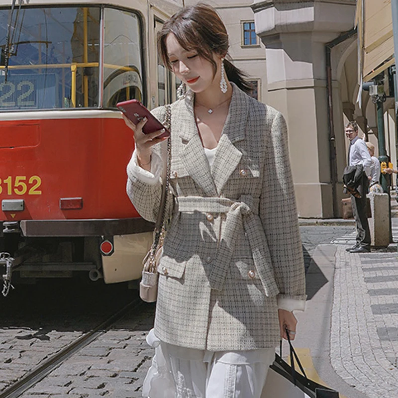 Куртка из твида абрикосовый плед осень / зима женская повседневная куртка с