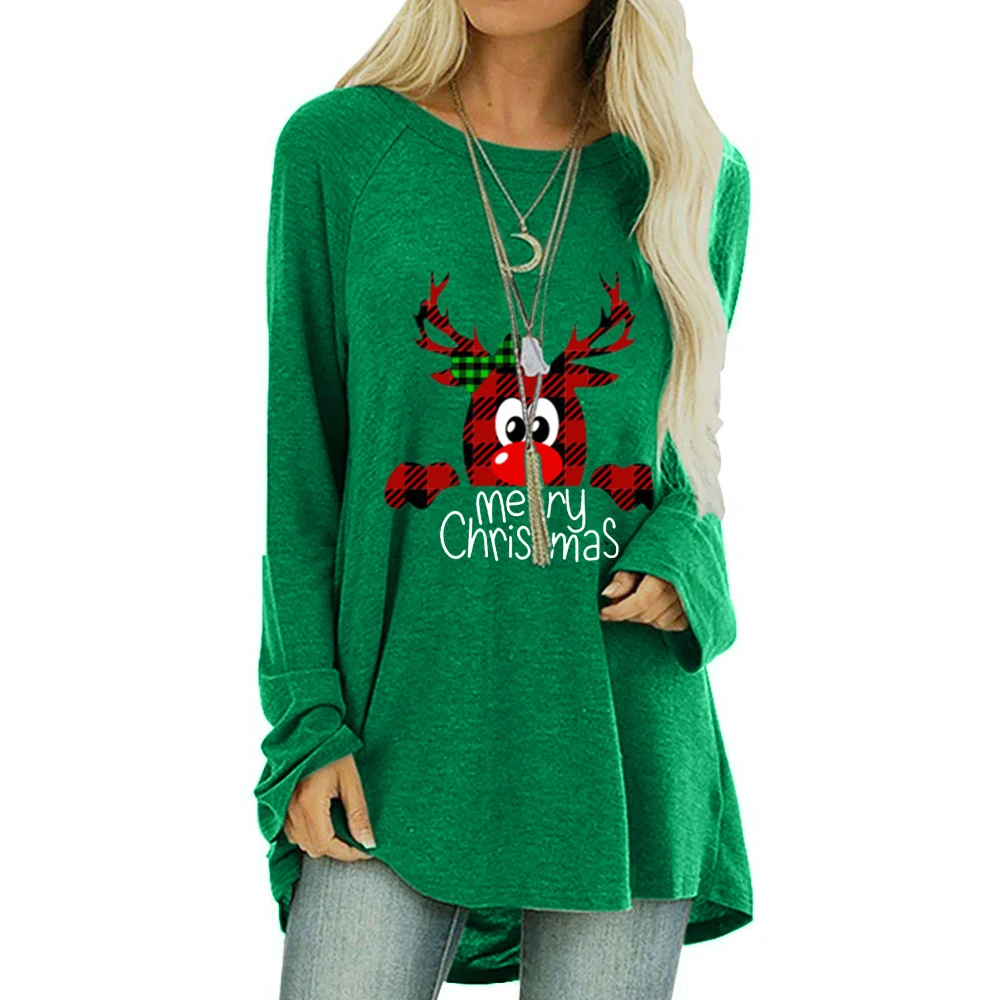 

#w Merry Christmas Crabs Print Women T-Shirts Casual O Collar Full Sleeve Christmas Top Mid-Length Oversize Irregular Tunic 2020