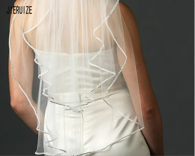 Свадебная фата с гребнем JIERUIZE Двухярусная Фата бисером и длиной до локтя