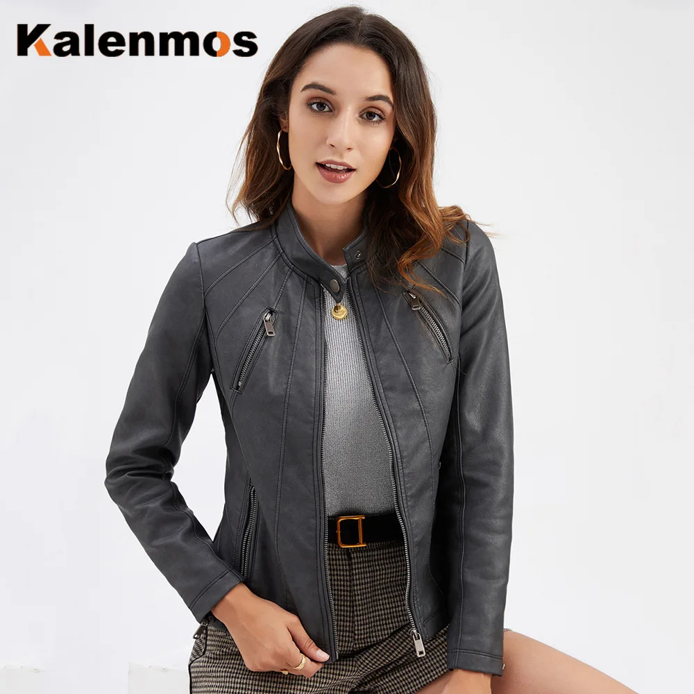 

Women's Leather Jacket Long Sleeve 2020 Spring Autumn Coat Female Stand Neck Moto Biker Jackets High Street Punk Chaqueta Mujer