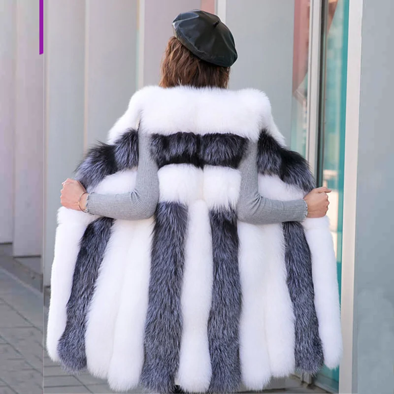 

Autumn and winter new color contrast imitation fur coat female fur vest medium and long coat fashion
