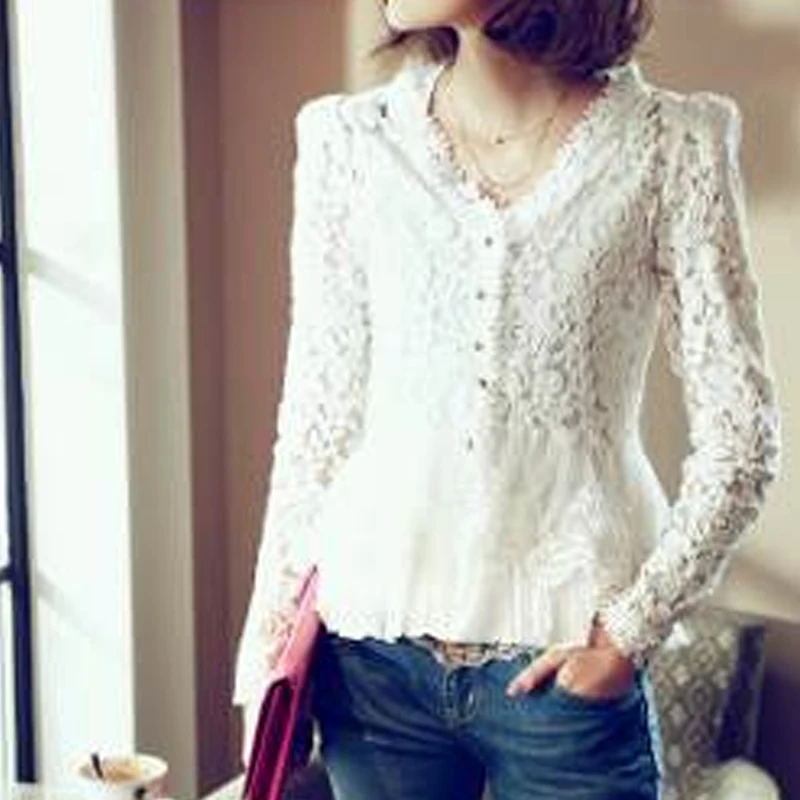 

New Women Blouses White Lace Shirt Blusas Femininas Crochet Floral Shirt Long Sleeve Out Clothing