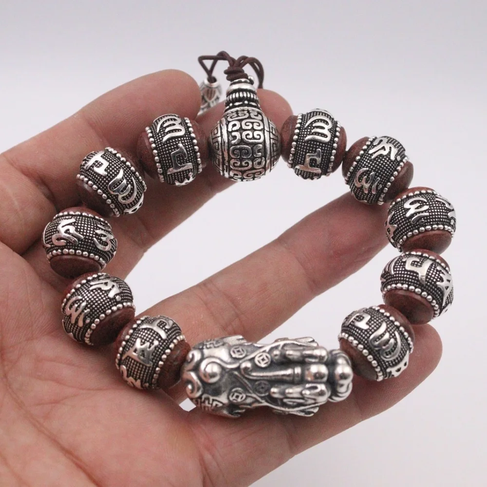 

Authentic 999 Fine Silver 16mm Six-Word Sutra Bead With Pixiu Bracelet 7.5Inch For Men