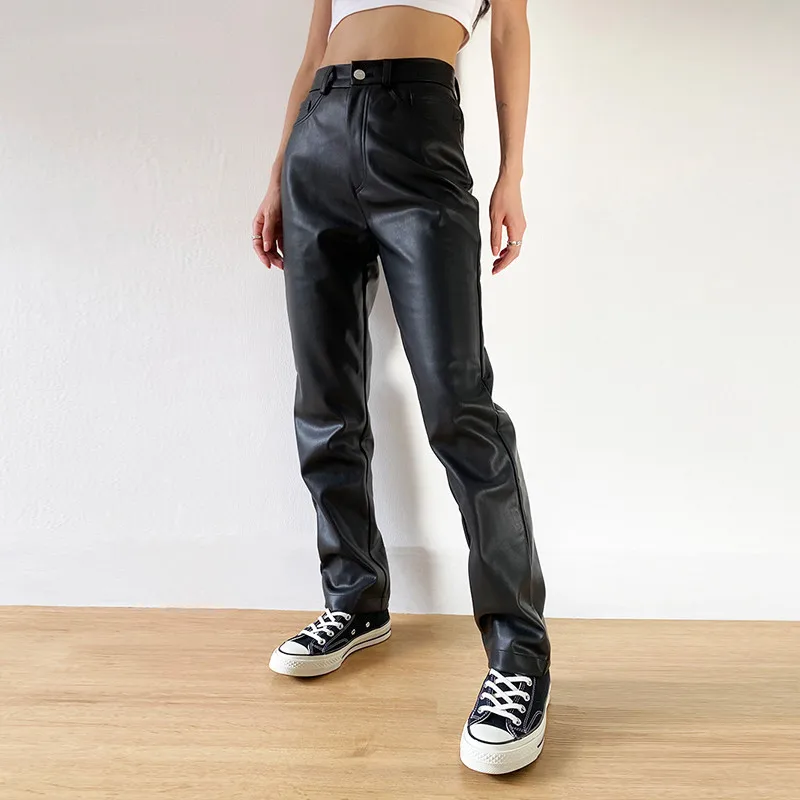 

Women's Straight Leg Casual Leather Pants with Pockets Fashion Solid Color PU Leather High Waist Trousers Button Access Control