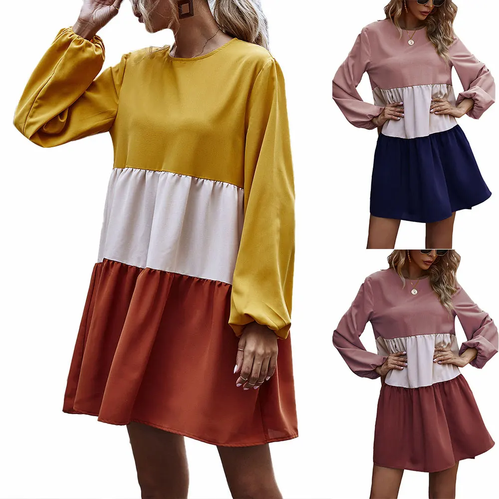 

Fashion Women Long Puff Sleeve Patchwork Round Neck A-Line Casual Holiday Mini Dresses Comfortable Spring Vestidos