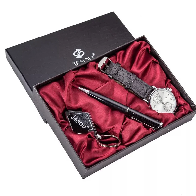 Модные мужские часы подарочный набор кожаный ремешок наручные шариковый брелок