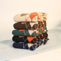winter womens wool socks thicken warm harajuku retro diamond plaid casual sock 5 pair