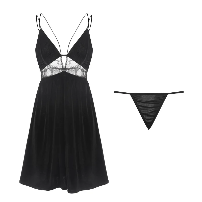 

Summer Sexy Halter Strap Nightdress Hollow Deep V Lace Home Service Stitching Velvet Ladies Pajamas Suit