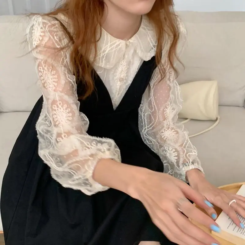 

Harajuku Casual Lace Basic Korean Princess Sweet Shirts+New Fashion Black A-Line Slip Dresses All Match Two Piece Sets