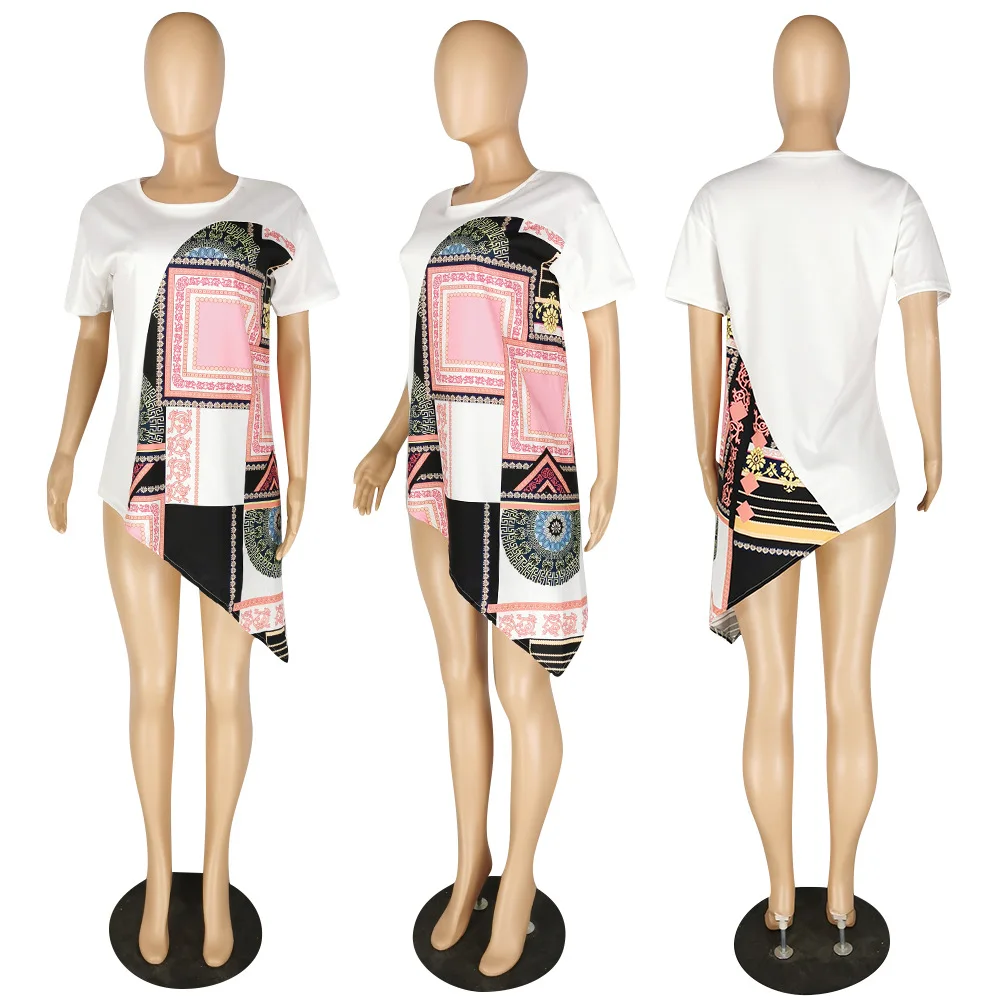 

Women's summer 2020 short sleeved t-shirts loose irregular print sexy trendy nightclub tops