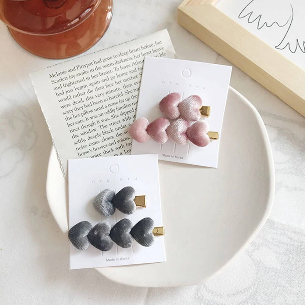 Женские бархатные заколки в форме сердца Винтажные для волос 2 шт. корейская мода