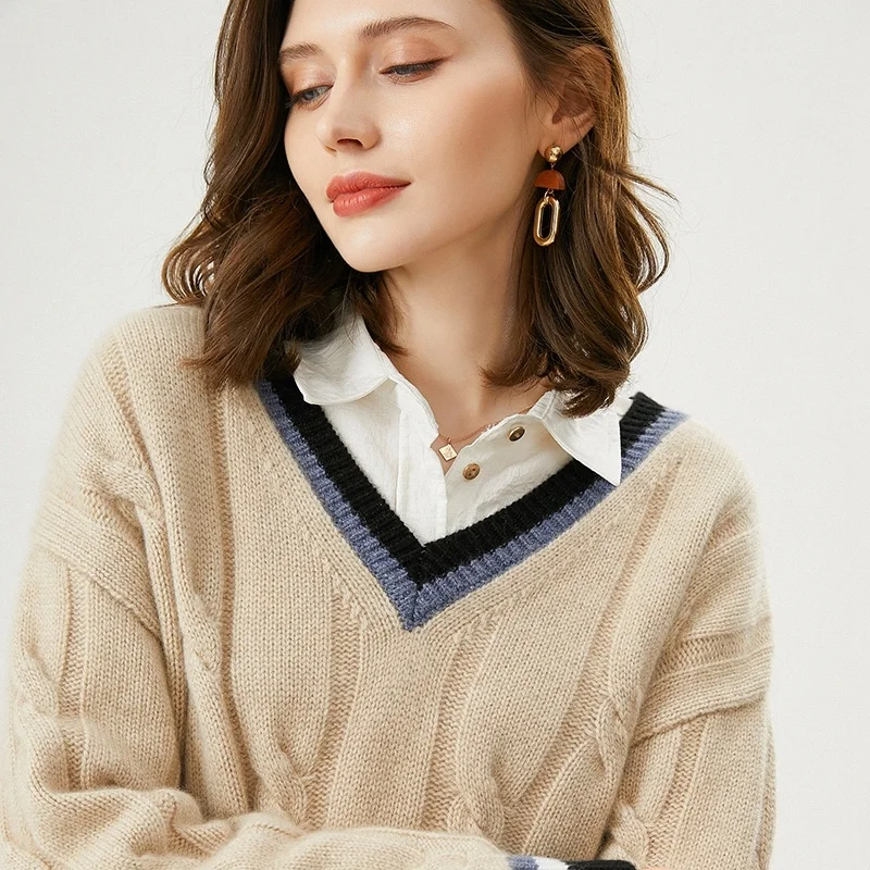 

SHZQ Autumn and Winter New Cashmere Sweater Thickened V-neck Spliced Cashmere Sweater 100% Pure Cashmere Women's Loose Top