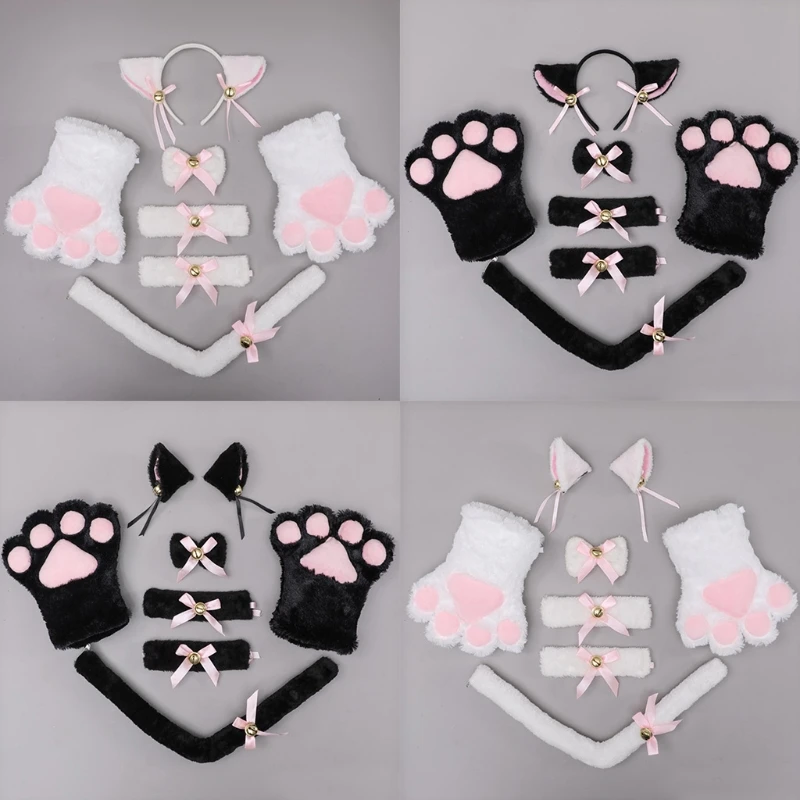 

Kitten Costume Set Ribbon Bowknot Bells Collar Tail Gloves Cat Ears Hairband Anime Maid Halloween Cosplay Supplies